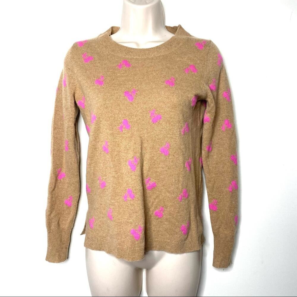 J Crew Cashmere Sweater Cherries Crewneck Long Sleeve Camel Pink Cherries